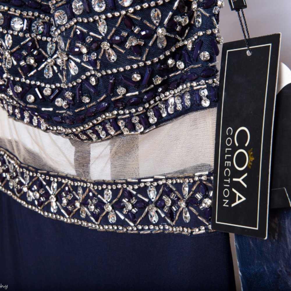 Coya Long Beaded Formal Blue Halter High Neck Keyhole Dress NWT $329 XS - Picture 7 of 14